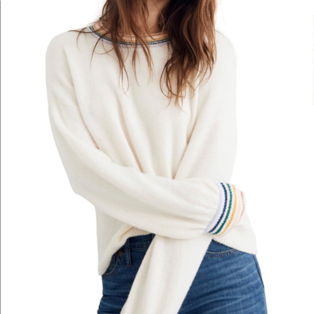 Madewell sweater with rainbow trim, bubble sleeves